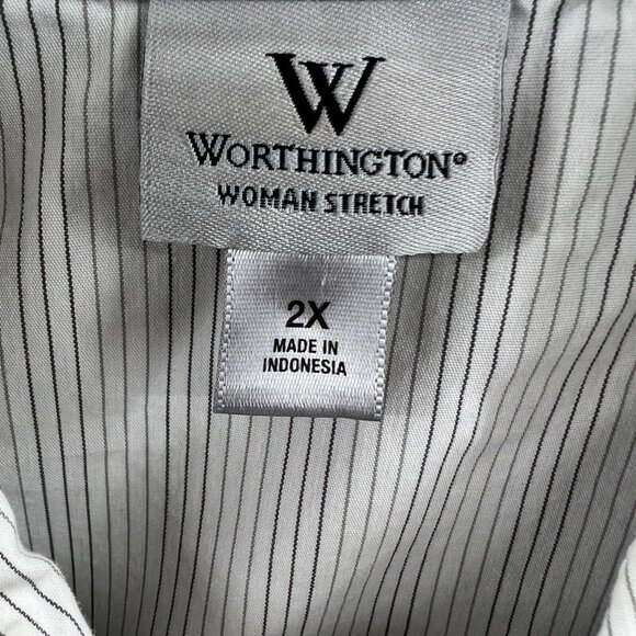 Worthington Womens Top 2X White Striped Short Sleeve Zip Front Shirt Stretch - Picture 5 of 8